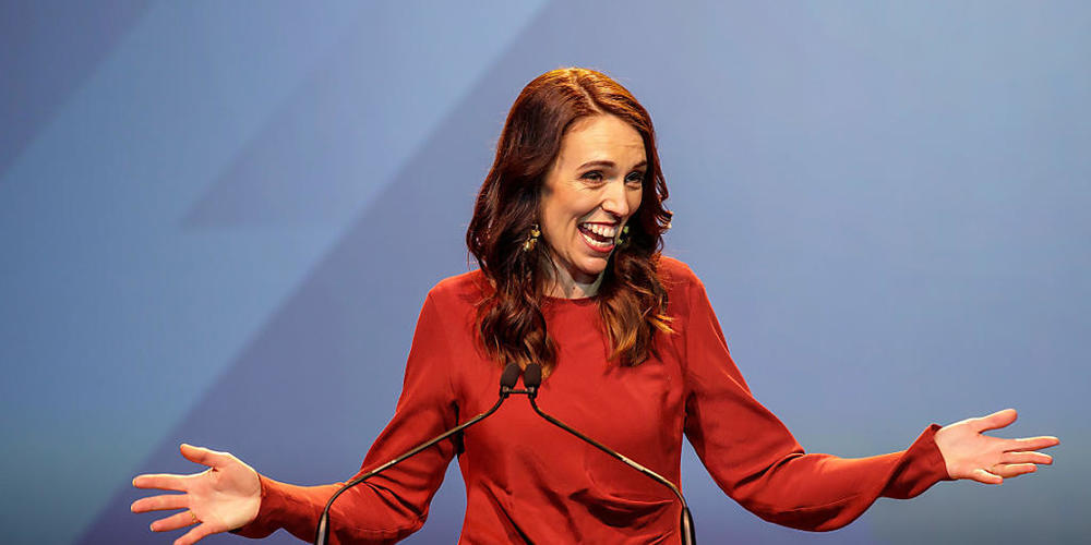 New Zealand Prime Minister Jacinda Ardern speaking during the New Zealand Labour party election night event in Auckland, Saturday, October 17, 2020. (AAP Image/David Rowland) NO ARCHIVING