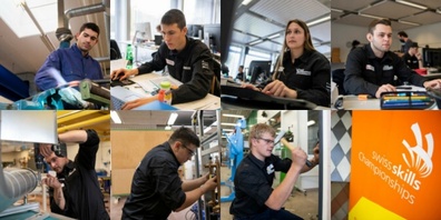 Die 7 Schweizermeister 2020 der Gebäudetechnik: (oben v.l.n.r) Tristan Gottraux, Cornel Herrli, Tabatha Pfäffli und Aamon Schönenberger, (unten v.l.n.r.) Pascal Fretz, Ivo Aeschbacher und Timon Zimmermann.