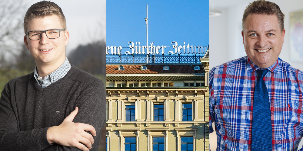 Mike Egger, (SVP, links) und Roman Jäggi (Verband Schweizer Online-Medien, VSOM, rechts) sing gegen Bundessubventionen für Grossverlage wie die NZZ.