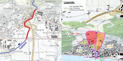 Auszug aus den Übersichtsplänen zum Aabach Ausbau 2. Etappe (l.) mit Projektstrecke in rot und zur Eindolung Goldbergbach (r.).