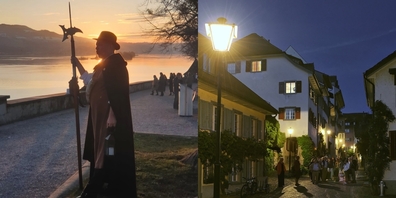 Der Beschützer der Nacht (l.) nimmt die TeilnehmerInnen mit auf einen Nachtspaziergang in Rapperswil.