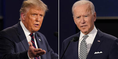 ARCHIV - Die Bildkombo zeigt Präsident Trump (l) und den ehemaligen Vizepräsidenten Joe Biden während der ersten Präsidentschaftsdebatte im September an der Case Western University und der Cleveland Clinic in Cleveland, Ohio. Foto: Patrick Semansk...
