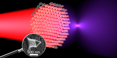 Infrarotlicht tritt durch die Metalinse und wird dabei aufgrund des Materials und der besonderen Oberflächenstrukturen (Vergrösserung in der Lupe) in violettes Licht umgewandelt sowie in einem Brennpunkt gebündelt. 