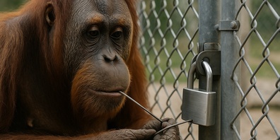 Ein Orang-Utan nutzt einen versteckten Draht, um ein Schloss zu öffnen – ein Verhalten, das auf erstaunliche Problemlösungsfähigkeiten und Werkzeuggebrauch hinweist.