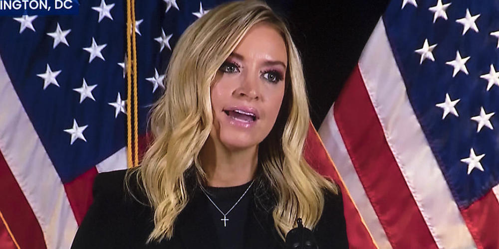 Kayleigh McEnany, Pressesprecherin des Weißen Hauses, hält eine Pressekonferenz ab, um über angebliche Rechtsbrüche in Pennsylvania und anderen Bundesstaaten zu reden, die das Ergebnis der Präsidentschaftswahlen anzweifeln. Foto: C-Span/ZUMA Wire/dpa