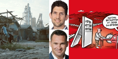 Zwei Politiker, zwei Ansichten: Andreas Bisig (Mitte o.) und Marcel Dobler (Mitte u.). Eine Zementfabrik von LafargeHolcim in Nigeria (l.) und eine Karikatur des Domino-Effekts für KMU (r.).