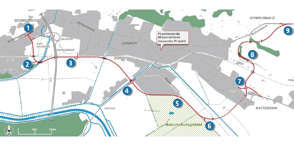 Die Verbindungsstrasse tangiert am Rand auch das Naturschutzgebiet Kaltbrunner Riet.