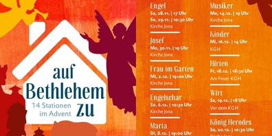 Bis an Weihnachten wird in der Kirche mit Bildern von 13 Begegnungen erzählt, welche Maria&Josef auf dem Weg nach Bethlehem erleben.