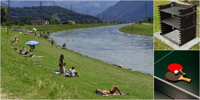  Beim Flussbad Grynau soll es eine zentrale Grillstelle (Bild o.r.: vandalensicherer Panzergrill Gotthard) sowie einen Tischtennistisch geben.