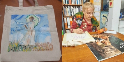 Nicht alltägliche Einkaufstasche (l.): «Frau mit Sonnenschirm» von Marc Chagall. Bilder grosser Meister dienen Madeline Scherrer als Vorlage. 