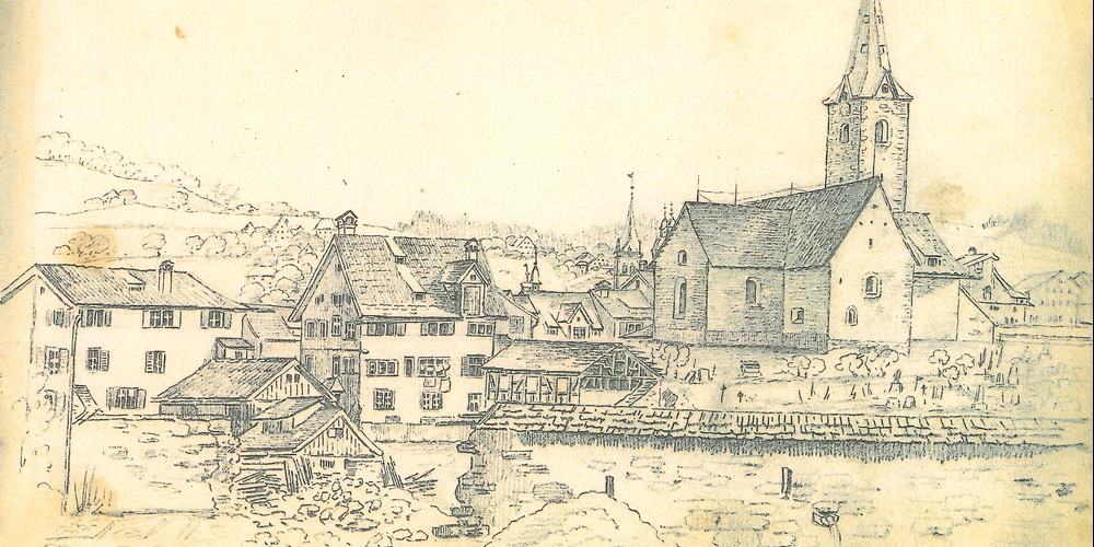Juli 1837: Abbruch der Stadtmauer bei der Kirche St.Mangen am Unteren Graben.