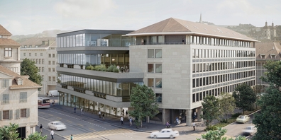 Visualisierung der angepassten «Neuen Bibliothek» für Kanton und Stadt St.Gallen von der Strasse aus.