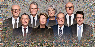 Bundeskanzler Viktor Rossi, Bundesrat Ignazio Cassis, Bundesrat Beat Jans, Bundespräsidentin Karin Keller-Sutter, Bundesrätin Elisabeth Baume-Schneider, Bundesrat Guy Parmelin (Vizepräsident), Bundesrat Martin Pfister und Bundesrat Albert Rösti.
