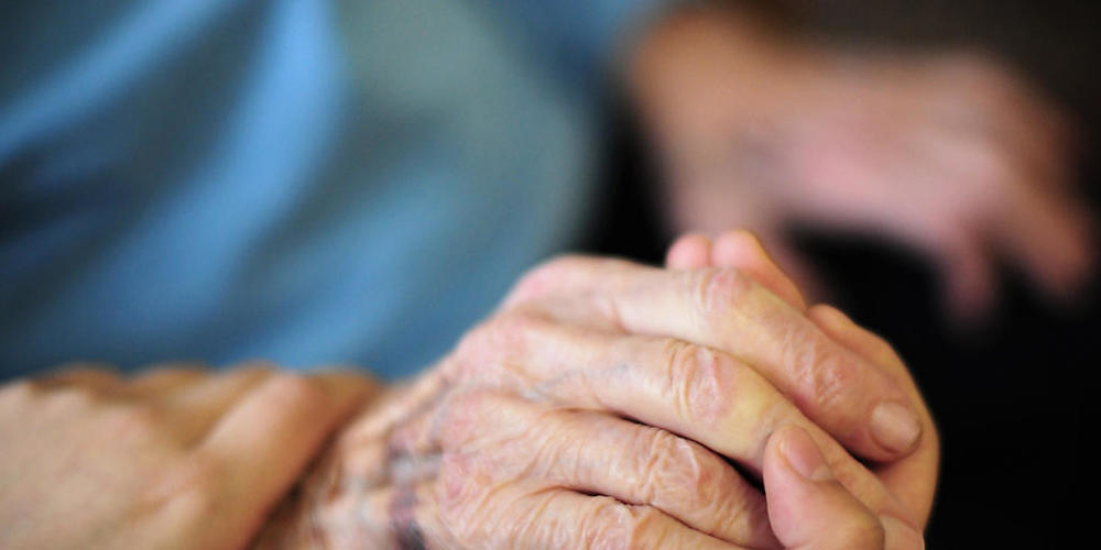 ARCHIV - Eine Pflegekraft hält in einem Seniorenheim die Hand einer Bewohnerin. Foto: Daniel Reinhardt/dpa