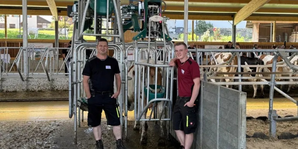 Landwirt Franz Röösli mit Sohn Janis im Stall vor der Kuhtoilette.
