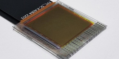 Hergestellt im Dünnschicht-Verfahren: Einer der beiden Sensor-Prototypen, mit denen die Forschenden demonstriert haben, dass sich die Perovskit-Technologie miniaturisieren lässt. 