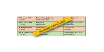 Ausschnitt aus dem Veranstaltungskalender für Senioren