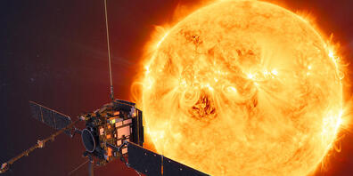 ARCHIV - Die Sonde Solar Orbiter vor der Sonne (undatierte Grafik). Foto: ATG medialab/ESA/dpa - ACHTUNG: Nur zur redaktionellen Verwendung und nur mit vollständiger Nennung des vorstehenden Credits