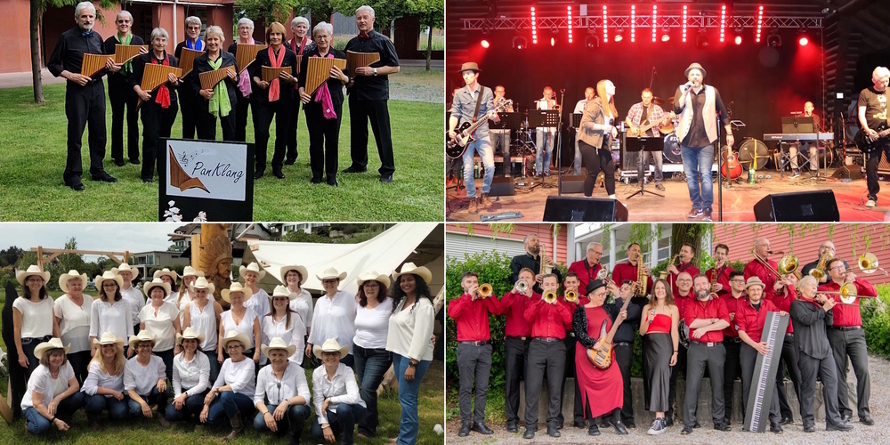 Läuten den Juli mit Musik und Tanz ein: PanKlang (l.o.), countrEmotion Linedancers (l.u.), six-pägg (r.o.) und Big Band No Limits.