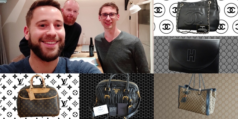 Im Onlineshop secondhandbags.ch von (v.l.n.r) Raphael Rohner, CEO R17 Ventures AG, Secondhandbags-Gründer Roman Brawand und Secondhandbags-CEO Emanuel Müller gibt es Handtaschen verschiedenster Designermarken zu kaufen.