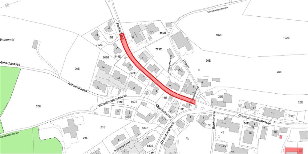 Das St.Galler Tiefbauamt setzt die Poststrasse (rot) in Ernetschwil instand, behebt lokale Schwachstellen und baut einen neuen Belag ein.