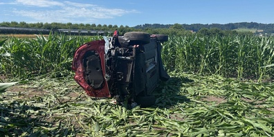 Ungewöhnliches Unfallende: Das Auto kam nach dem Crash auf der Seite liegend in einem Maisfeld zum Stillstand. 