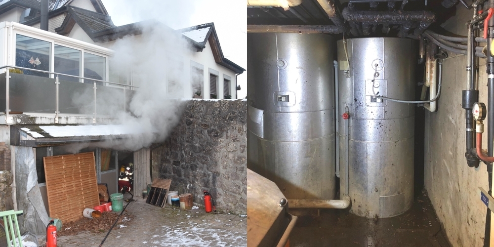 Der Sachschaden durch den Brand im Heizungsraum (r.) des Wohnhauses beläuft sich auf rund 10'000 Franken.