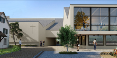 Das Gemeinschaftszentrum mit seinen Läden wird zur prominenten Adresse am Dorfplatz.  Über den Läden befindet sich der neu auf den Dorfplatz hinaus geöffnete Saal (heute Kirch- gemeindesaal; Stomeo Visualisierungen).