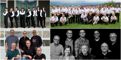 Die Highlights der letzten Woche der Sommerbühne: Frauenchor Cantatouille Kaltbrunn (o.l.), CMV Blasmusik Jona (o.r.), Blues- und Rockband Downstairs Lachen (u.l.) und eXtra-Large Partyband usem Züri Oberland (u.r.).