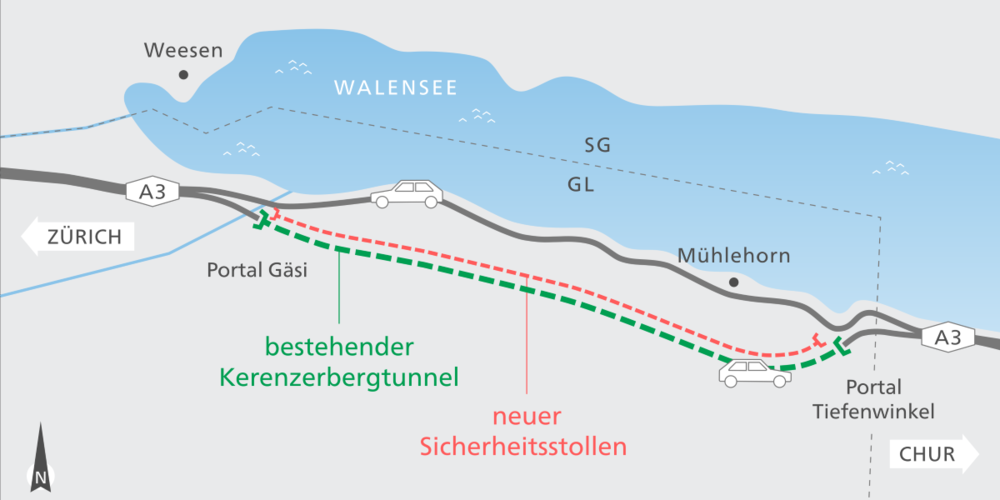 ASTRA-Übersichtskarte zum Projekt: grün der bestehende Kerenzerbergtunnel, rot der neue Sicherheitsstollen.
