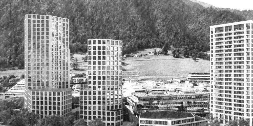 Das neue Quartier E in Chur West – mit Bahnhof Chur West, Bahnhofplatz,Gebäuden und begrünten Aussenräumen. Rechts im Bild steht das geplante dritte Hochhaus von City West. (Visualisierung)