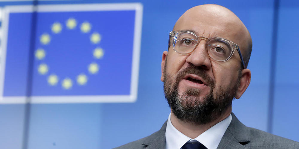 Charles Michel, Präsident des Europäischen Rates, spricht auf einer Pressekonferenz am Ende eines EU-Videogipfeles. Foto: Olivier Hoslet/Pool EPA/AP/dpa