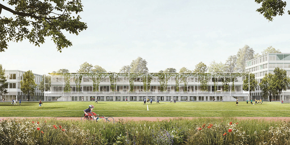 Visualisierung Schulanlage Saatlen Siegerprojekt «SchereSteinPapier» – Fassade zum Grünraum (© maaars architektur visualisierungen, Zürich)