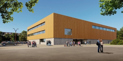 	Der geplante Neubau der Dreifachhalle und des Musikschulzentrums Feld kommt am gleichen Standort wie der heutige Turnhallenkomplex zu stehen.