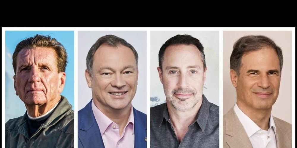 Diese vier betuchten Herren wollen in einem Jahr als erste private Raumschiff-Mannschaft zur ISS starten: V.l.n.r. Larry Connor, Michael Lopez-Alegria (Pilot), Mark Pathy und Eytan Stibbe. (Pressebild)