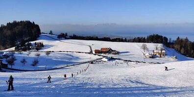 Aussicht bis auf den Bodensee vom Skilift Spitze in Eggersriet.