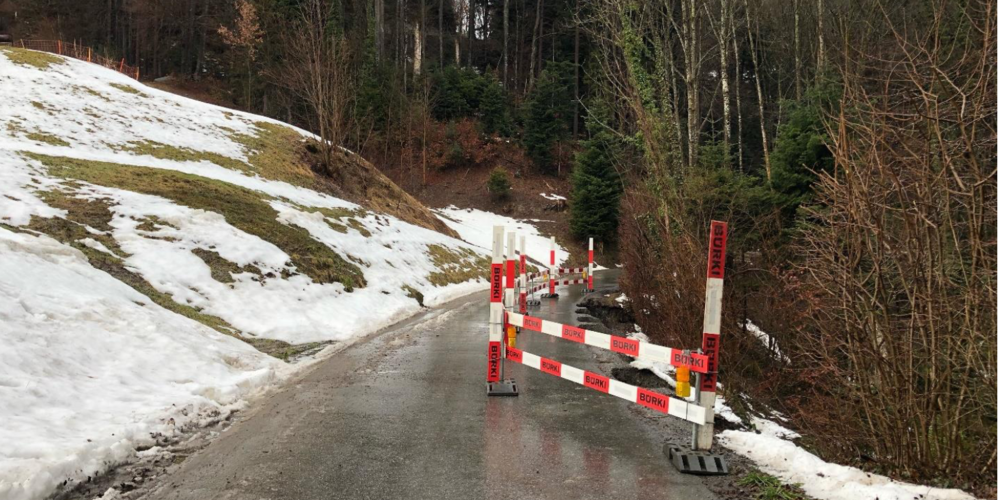 Der Bereich der durch eine Hangrutschung beschädigten Rüdenstrasse (Bild: gk)