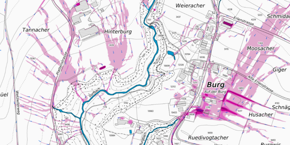 Die überarbeitete Hinweiskarte Oberflächenabfluss zeigt, wo im Kanton Zürich bei Starkregen oberflächlich abfliessendes Wasser zu Überschwemmungen führen kann.
