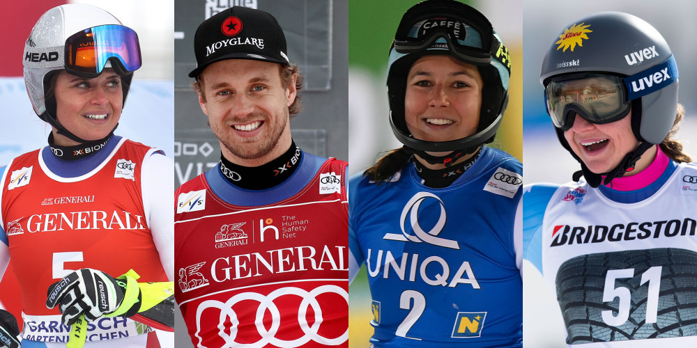 Corinne Suter, Mauro Caviezel, Wendy Holdener und Jasmina Suter bilden das Schwyzer Aufgebot an der Ski-WM in Cortina. (Collage: Lars Morger)