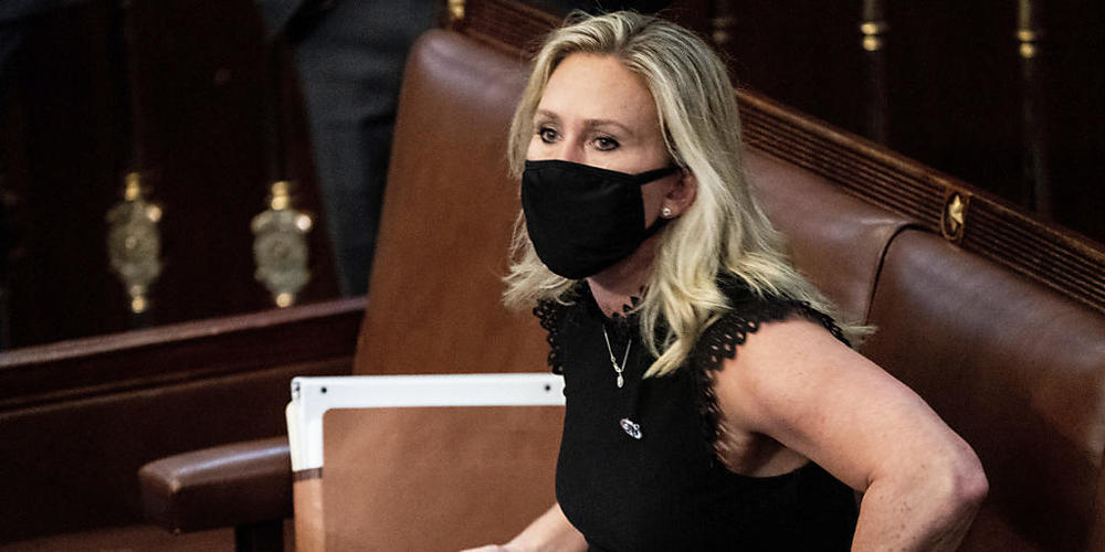ARCHIV - Marjorie Taylor Greene, Mitglied der republikanischen Partei und Abgeordnete des US-Bundesstaates Georgia. Foto: Erin Schaff/Pool The New York Times/Pool/AP/dpa
