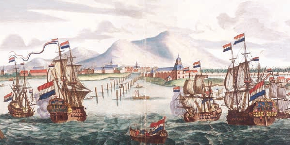 Ansicht Batavias (heutiges Jakarta) von der Seeseite, anonym, um 1665, Nationalarchiv der Niederlande