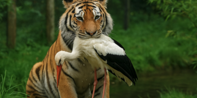 Tiger erwischt einen Jungstorch im Zoo Zürich