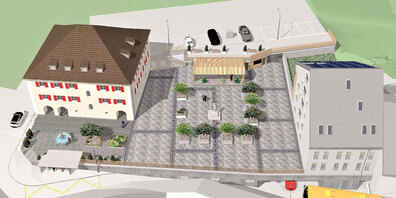 Dorfplatzansicht Igis von oben.  (Visualisierung: Fromm & Partner/Tuor Architektur)