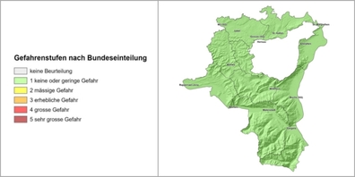 Karte des Kantons St.Gallen mit eingefärbten Regionen nach Gefahrenstufen.