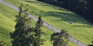 Teilnehmende des 5‑Tage Berglauf-Cups in Aktion während einer der Etappen im Zürcher Oberland. 