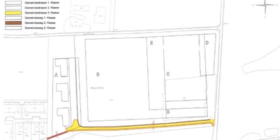 Ausschnitt des Wagner Teilstrassenplans zur «Erschliessung Werkhof-Knie AG», der eine Gemeindestrasse 3. Klasse (gelb) vorsieht.