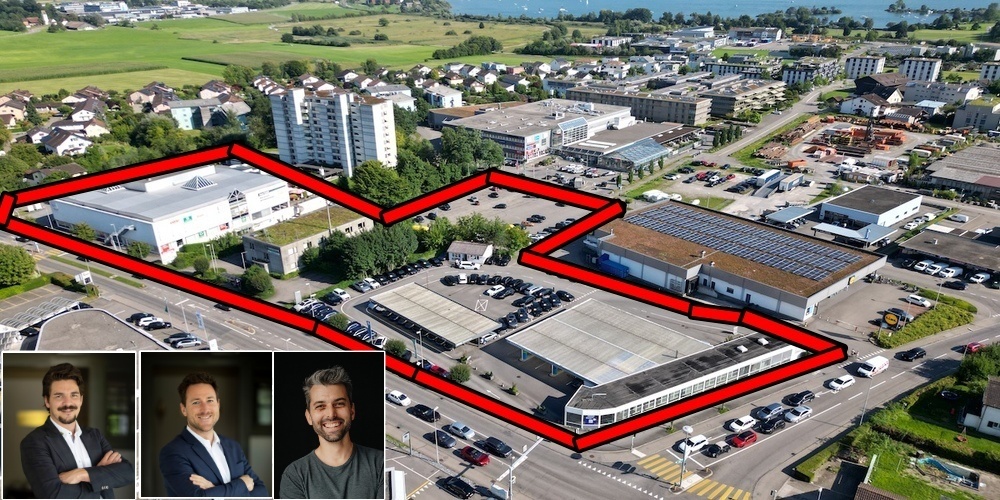 Das riesige Areal ums Jona Center wird von der Erlenpark AG überbaut. Im Bild v.l.: Verwaltungsratspräsident Olivier Mütsch, Daniel Rüdisüli (CEO von Swiss KMU Partners) und Mitinvestor und Verwaltungsrat Cyrill Gebert.