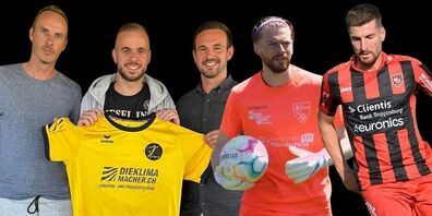 Sportchef Tobias Egger mit Midhad Arifagic, dem ehemaligen 1. Liga Spieler FC Kreuzlingen sowie den Spielern Luka Djordjevic und Giovanni Pentrelli (von links).