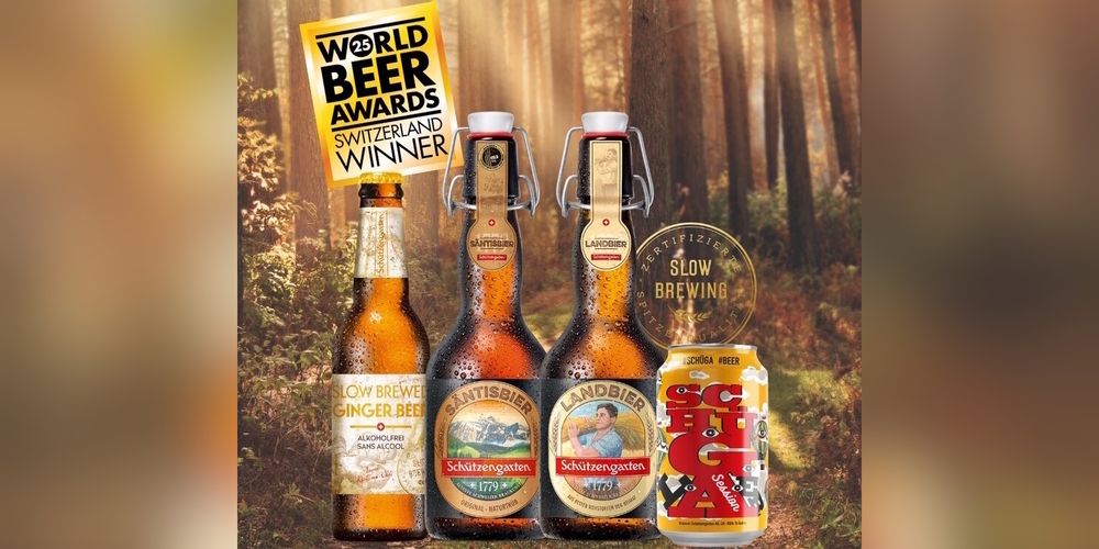 Vier mit Goldmedaille ausgezeichnete St.Galler Biere: (v.l.) Ginger Beer alkoholfrei, Säntisbier, Landbier und Session Lager.
