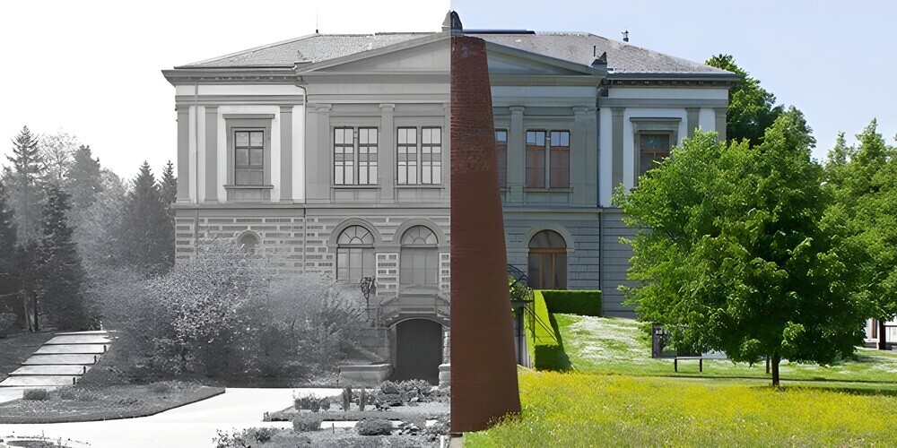 Die Fotografien entstehen, indem historische Aufnahmen an ihrem ursprünglichen Standort nachgestellt werden